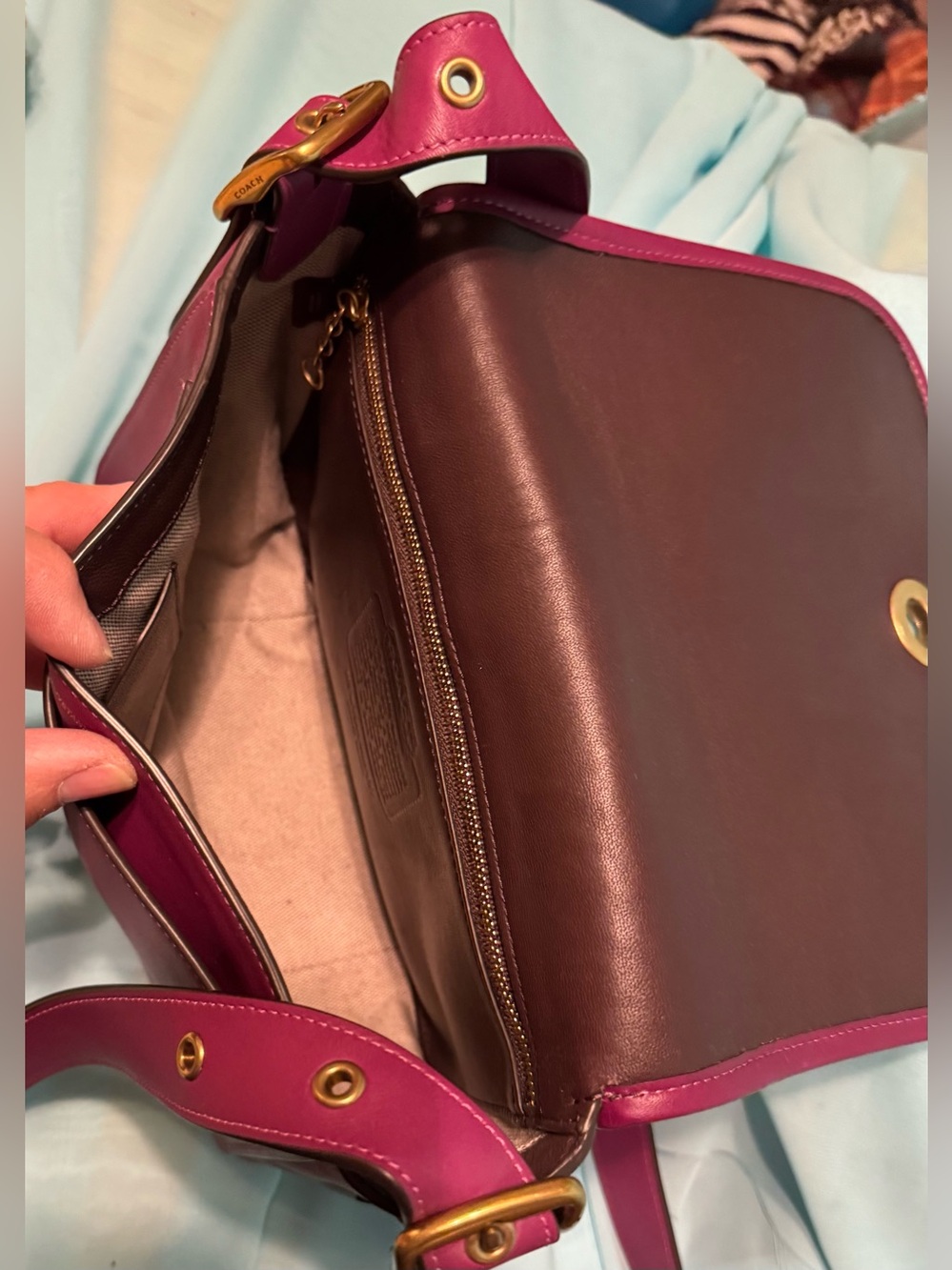 Coach Fuchsia Hibiscus Leather Crossbody 89127 with Gold-Tone Hardware Pink - Picture 14 of 15